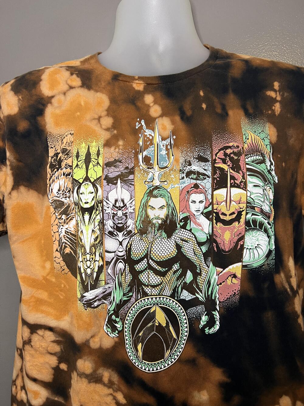 Aquaman Shirt Mens Large Black Bleach Tie Dye DC Comics Graphic Tee Superhero